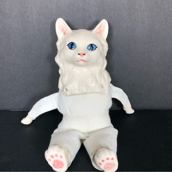 Small White Ceramic Anthropomorphic CAT Cloth Body Dress & Pataloons Cottagecore - Picture 9 of 10